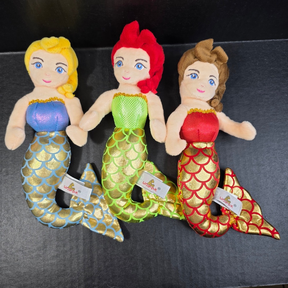 Unipak Mermaid Plush Doll Set Kids 8" Multicolor Metallic Shimmer Tail Lot of 3